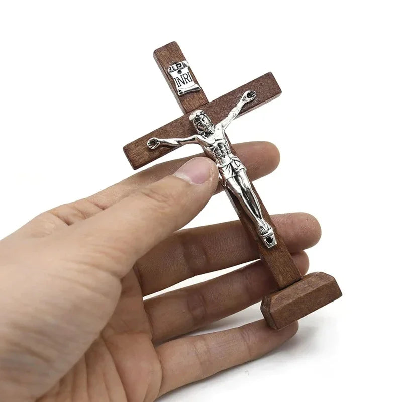 Wooden Catholic Jesus Cross With Stand