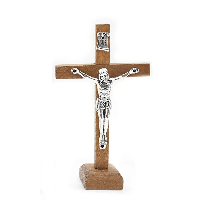 Wooden Catholic Jesus Cross With Stand